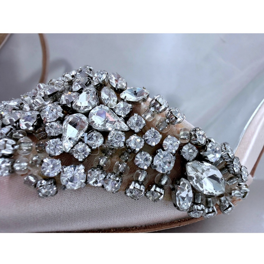 Badgley Mischka Light Pink Crystal Embellished Satin Block Heel Sandals Slides 6 - Picture 15 of 16